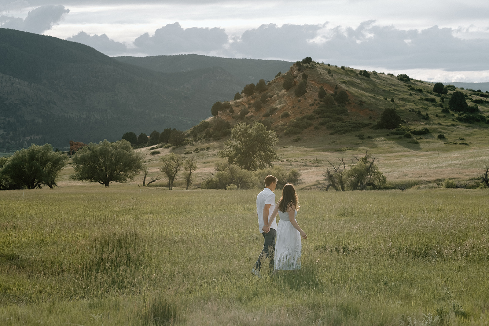 engaged couple in field in Colorado at sunset